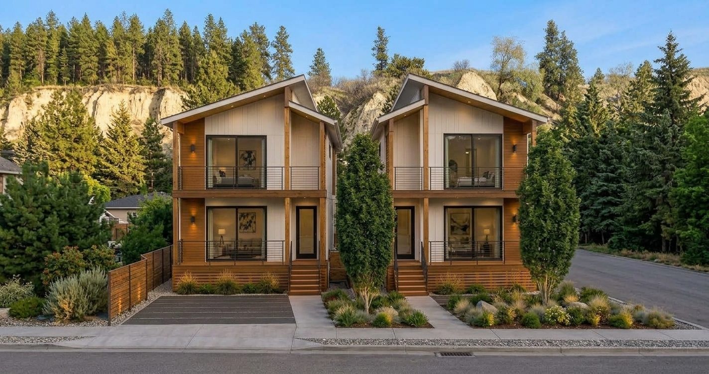 Rendering of the 421 Wade Avenue homes, two modern three-storey buildings with wood accents, covered decks and landscaped entries, set below the Penticton bluffs.
